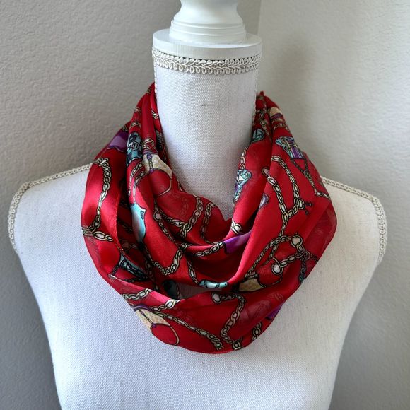 Fun Red Scarf 60" x 13" Striped Satin Sheer Decor Purses Chains Boots Hats - Picture 9 of 11